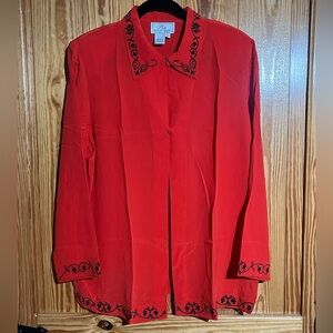 Vintage 100% Silk Red w/ Black Embroidering 2 Button Cardigan Open Blouse